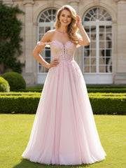 A-Line Lace Off-the-shoulder Applique Tulle Dress Blushing Pink