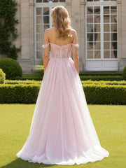 A-Line Lace Off-the-shoulder Applique Tulle Dress Blushing Pink