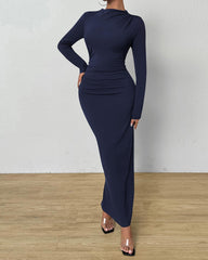 Navy Women Bodycon Maxi Dress Long Sleeve Back Slit Ruched Elegant Party Cocktail Formal Fall Prom Dresses