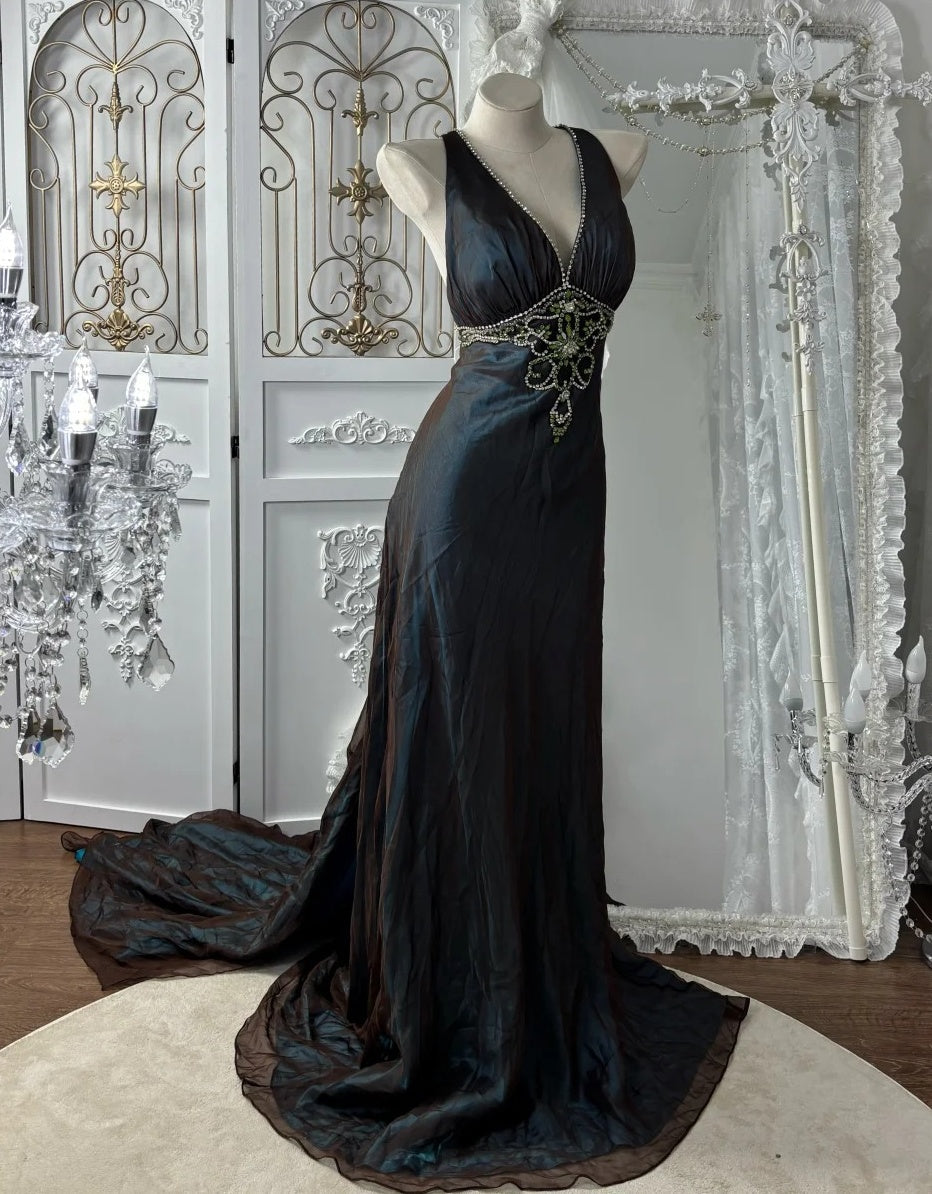Elegant Prom Dress V-neck Crystal Evening Dress Gala Gown Cocktail Outfits HZ0319