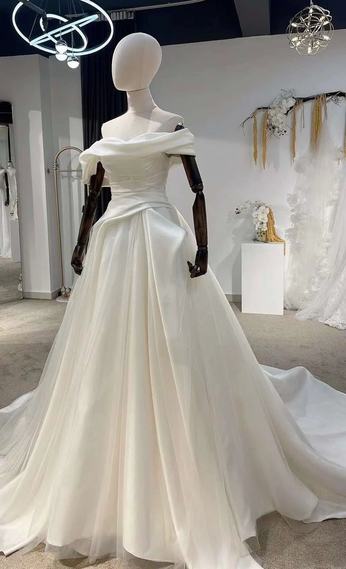 Off-the-shoulder satin corset wedding dress unique minimalist A-line bridal dress custom simple & classic Ivory ball gown