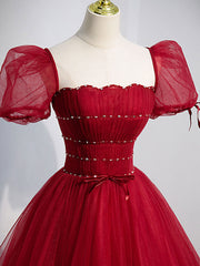 Burgundy A line tulle long prom dress, burgundy tulle formal dress