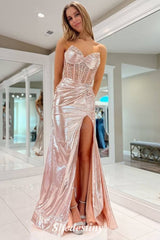 Glitter Metallic Mermaid Strapless Rhinestone Slit Gala Prom Dress