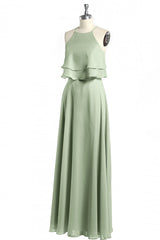 Sage Green Chiffon Halter Ruffle A-Line lange bruidsmeisje jurk