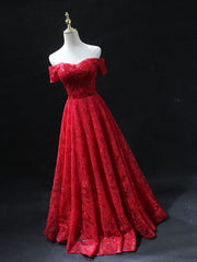 Burgundy sweetheart neck tulle lace long prom dress, lace evening dress