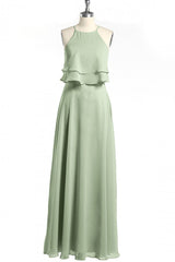 Sage Green Chiffon Halter Ruffle A-Line lange bruidsmeisje jurk