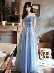 Blue tulle off shoulder long prom dress, blue tulle formal dress