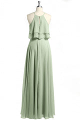Sage Green Chiffon Halter Ruffle A-Line lange bruidsmeisje jurk