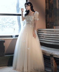 Champagne tulle lace long prom dress champagne tulle formal dress