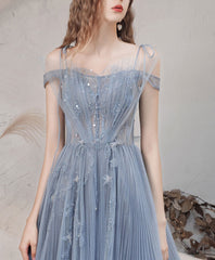 Blue tulle lace off shoulder long prom dress tulle formal dress