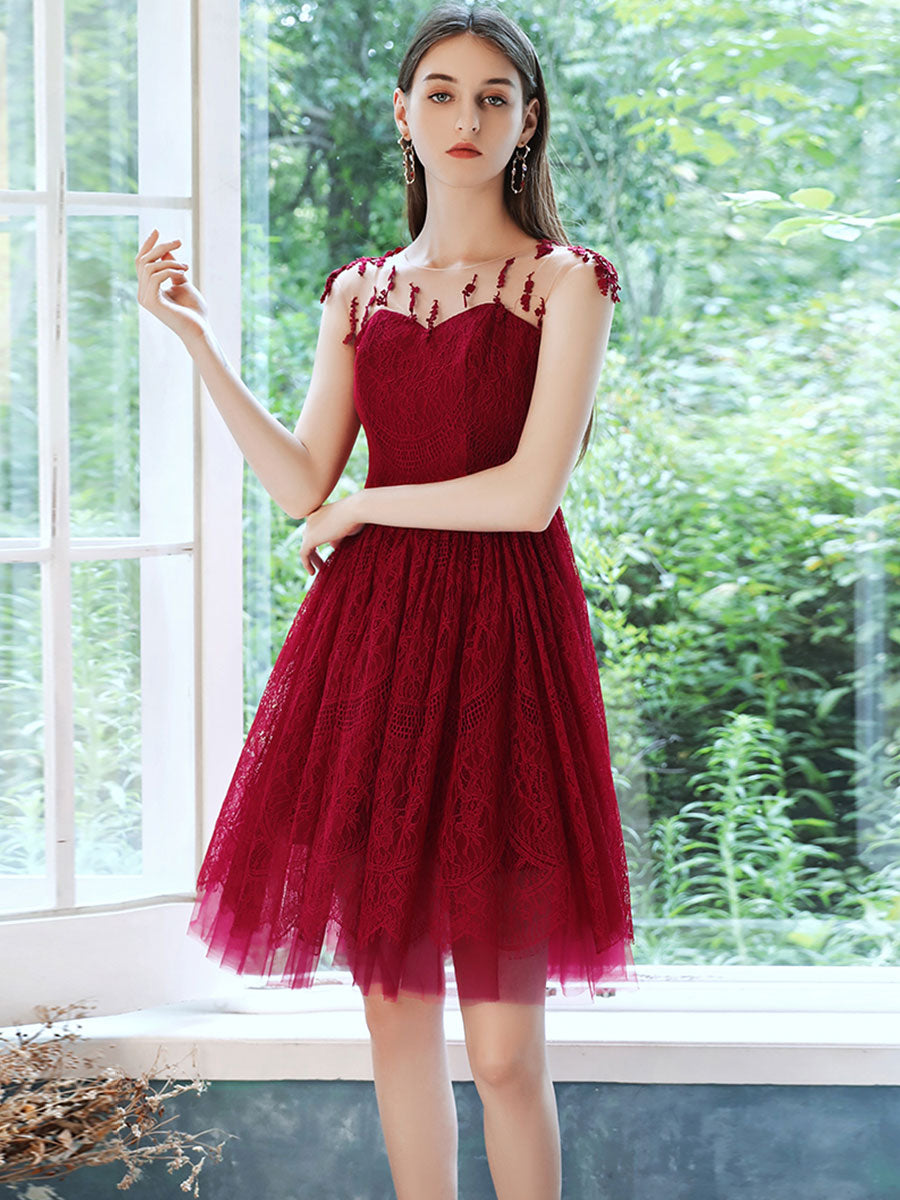 Burgundy round neck tulle lace short prom dress burgundy cocktail dress