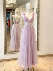 V Neck Tulle Pink Long Prom Dresses, Pink Formal Party Gown Dresses