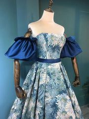 Blue A line satin long prom dress blue long evening dress
