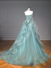 Pretty Ball Gown Sweetheart Tulle Green Long Evening Dress Prom Dresses With Ruffles HZ1024