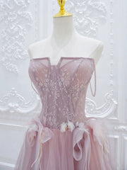 Pink A line tulle lace long prom dress, pink tulle formal dress