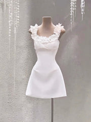 Cute A line Square Neck White Party Dresses Short Formal Homecoming Dresses Night Chic Elegant Cocktail Dresses 16th Birthday Outfits Hoco Dress DH2761