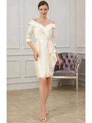 Mother of the Bride Dress Plus Size Off Shoulder Knee Length Polyester Half Sleeve with Ruffles Ruching
