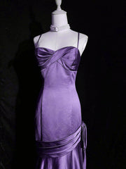 Purple A-line Mermaid Straps Evening Dress, Purple Satin Prom Dress Formal Dress