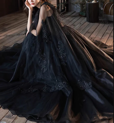 Black V neck Tulle Lace Long Prom Dresses, Elegant Formal Evening Dresses SH840