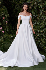 Satin off shoulder and floor length wedding dress