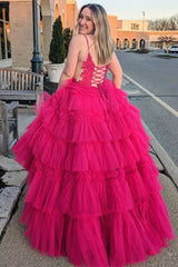 Spaghetti Strap V-Neck Sleeveless Ruffle Tiered Tulle Long Ball Gown