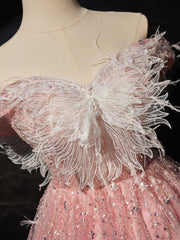 Pink A-Line Tulle Lace Short Prom Dress, Pink Cocktail Dress