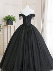 Black tulle lace long prom dress, black tulle lace evening dress