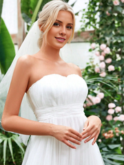Ruffle waist mesh strapless and floor length wedding dress