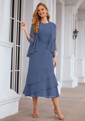 A-line Bateau Tea-Length Chiffon Mother of the Bride Dress With Pleated and Jacket Pure Color