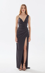 V-neck asymmetrical shoulder strap wrap and floor length evening dress