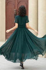 Jimiss - V-neck short sleeved chiffon flowing long Prom dress