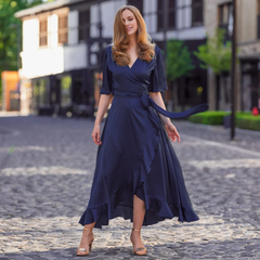 Jimiss short sleeved V-neck asymmetrical skirt with side slit long evening dress