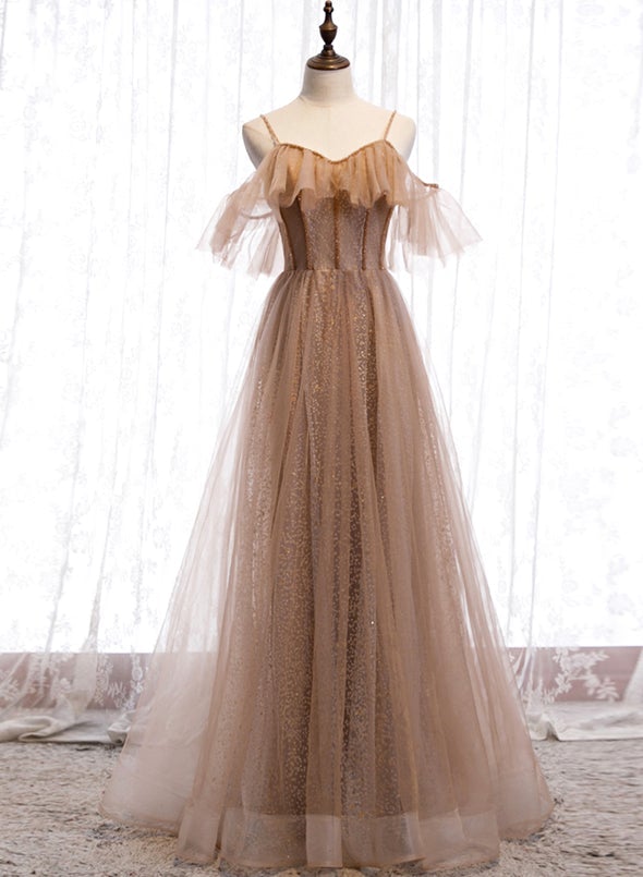 Champagne Tulle Off Shoulder Straps A-line Prom Dress, Long Evening Dress Party Dress