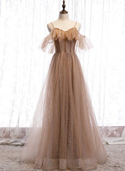 Champagne Tulle Off Shoulder Straps A-line Prom Dress, Long Evening Dress Party Dress