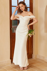 Simple off shoulder Bohemian style strapless and floor length wedding dress
