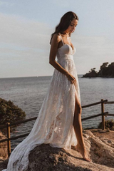 A-Line V-Neck Lace Backless Spaghetti Straps Lace Beach Wedding Dress