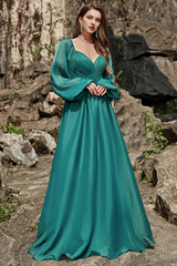 Green ruffled A-line off shoulder long sleeved bridesmaid dress