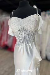 Cold-Shoulder White Mermaid Ruffle Slit Prom Dress with Sequins
