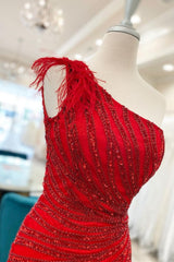 Red Sequin-Embroidery One-Shoulder Short Party Dress