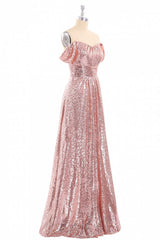Roségouden pailletten off-the-shoulder A-Line lange bruidsmeisje jurk