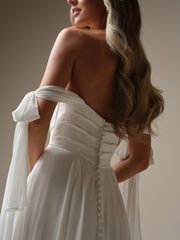 A-line chiffon hanging strapless and floor length wedding dress