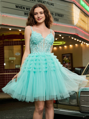 Tight corset top, sheer layered short Homecoming dress
