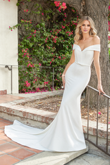 Off shoulder collar sleeveless back button backless and floor length wedding dress