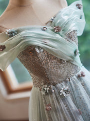 A-Line Off the Shoulder Tulle Long Prom Dress with Hand Made Flower