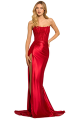 Strapless silk satin dress top lace tight corset high slit evening dress