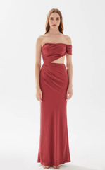 A-line heart-shaped collar shoulder baring tight fitting and floor length evening dress