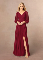 A-Line V-Neck Pleated Chiffon Burgundy formal dresses evening dress Mother of the Bride Dresses