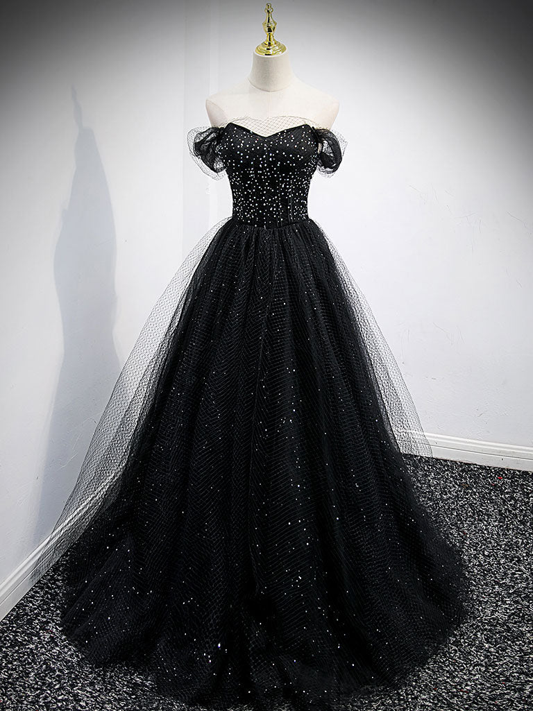 Black tulle sequin long prom dress, black tulle formal dress
