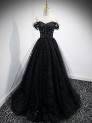 Black tulle sequin long prom dress, black tulle formal dress