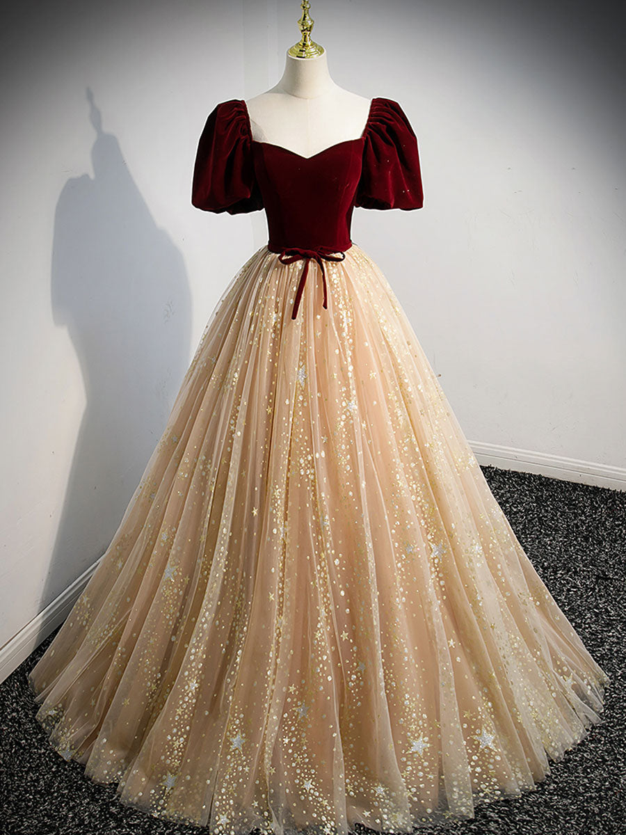 Champagne A line tulle long prom dress, champagne evening dress